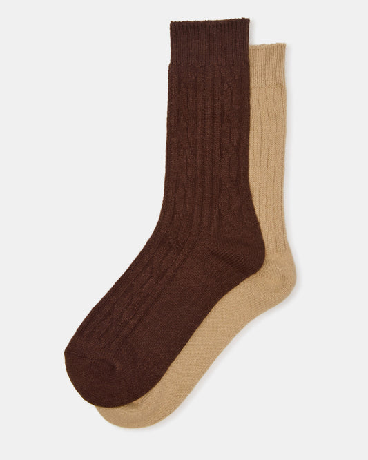 2 PACK CABLE TEXTURE BOOT SOCKS BROWN Women's Textured Quarter Book Socks - Steve Madden