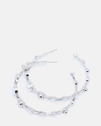 PEARL HOOP EARRINGS SILVER Women's Pearl Embellished Hoop Earrings - Steve Madden
