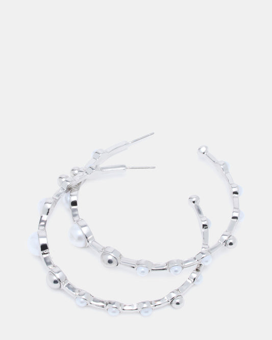 PEARL HOOP EARRINGS SILVER Women's Pearl Embellished Hoop Earrings - Steve Madden
