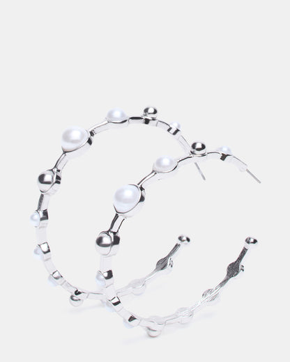 PEARL HOOP EARRINGS SILVER Women's Pearl Embellished Hoop Earrings - Steve Madden