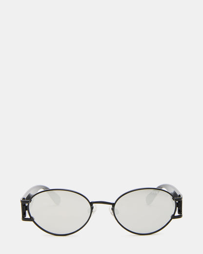 DUTTEN Black Frame Almond Solid Smoke Silver Flash Oval Sunglasses - Steve Madden