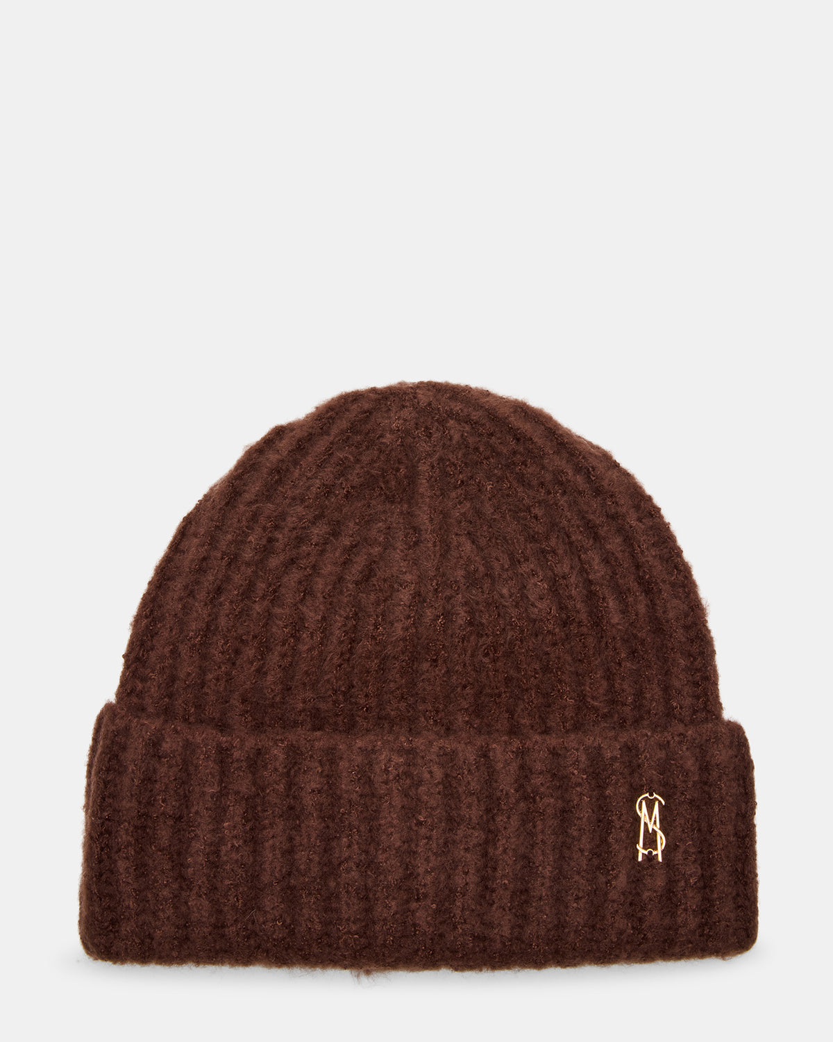 LOGO BEANIE Dark Brown Fuzzy RIbbed Knit Women's Beanie - Steve Madden
