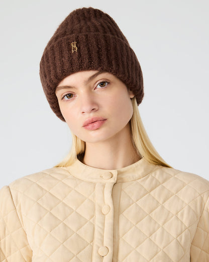 LOGO BEANIE Dark Brown Fuzzy RIbbed Knit Women's Beanie - Steve Madden