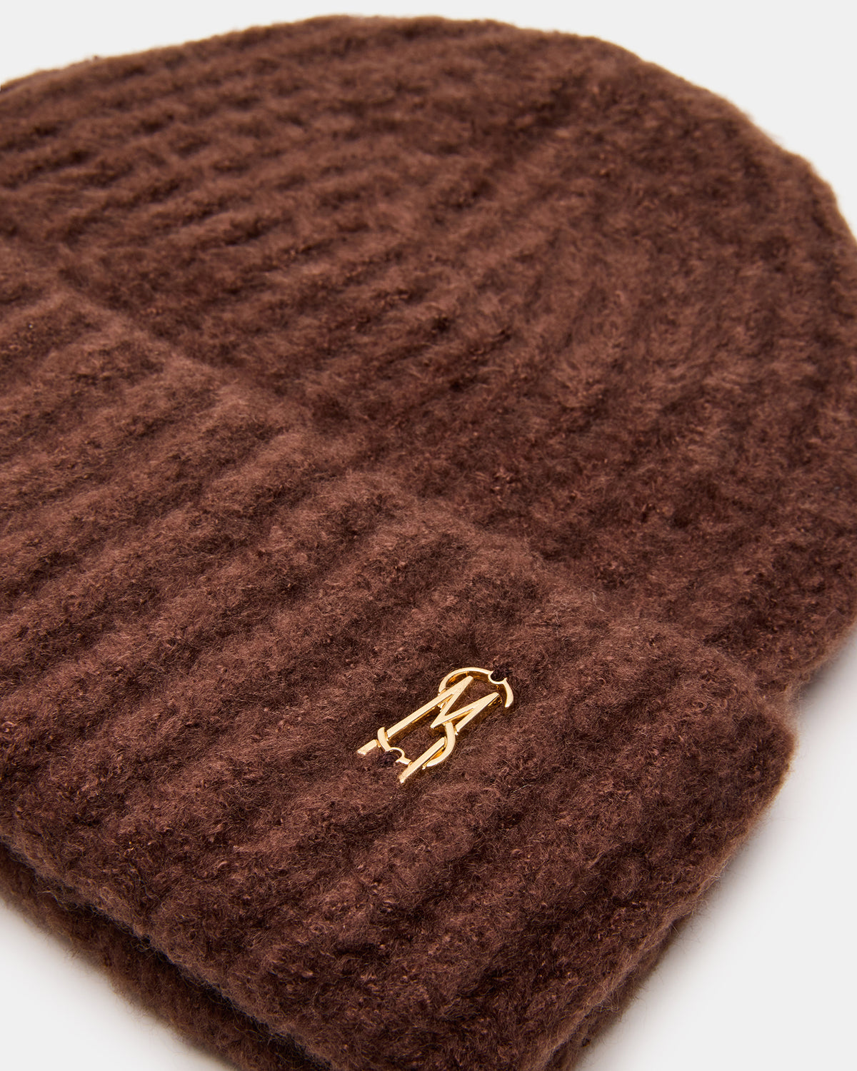 LOGO BEANIE Dark Brown Fuzzy RIbbed Knit Women's Beanie - Steve Madden