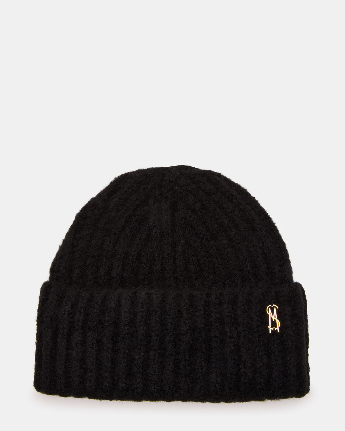 LOGO BEANIE Black Fuzzy RIbbed Knit Women's Beanie - Steve Madden