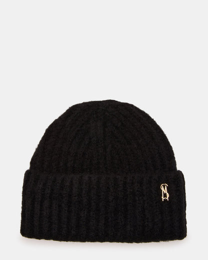 LOGO BEANIE Black Fuzzy RIbbed Knit Women's Beanie - Steve Madden