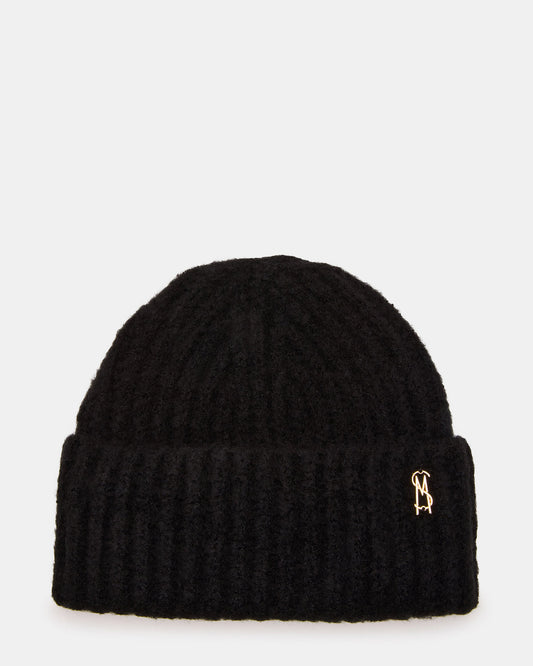 LOGO BEANIE Black Fuzzy RIbbed Knit Women's Beanie - Steve Madden