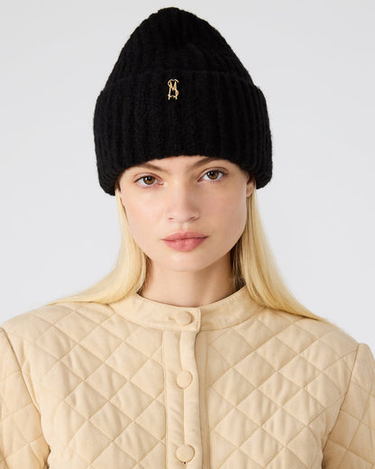 LOGO BEANIE Black Fuzzy RIbbed Knit Women's Beanie - Steve Madden