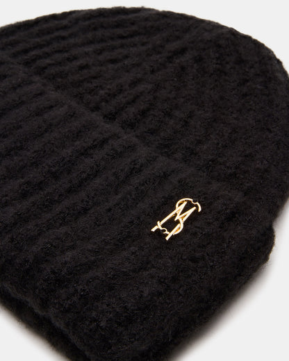 LOGO BEANIE Black Fuzzy RIbbed Knit Women's Beanie - Steve Madden