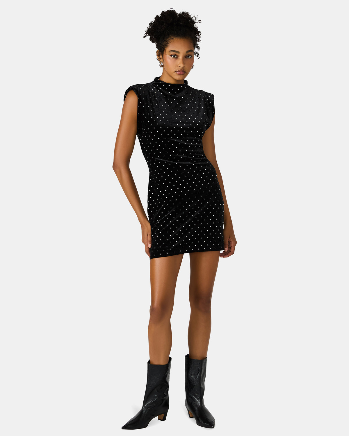 ASTORIA Black Rhinestone Embellished Velvet Shoulder Pads Bodycon Mini Women's Dress - Steve Madden