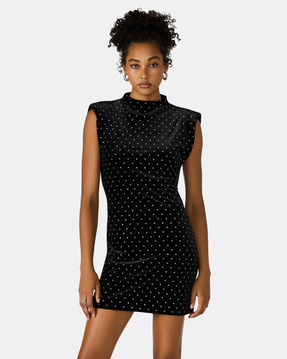 ASTORIA Black Rhinestone Embellished Velvet Shoulder Pads Bodycon Mini Women's Dress - Steve Madden