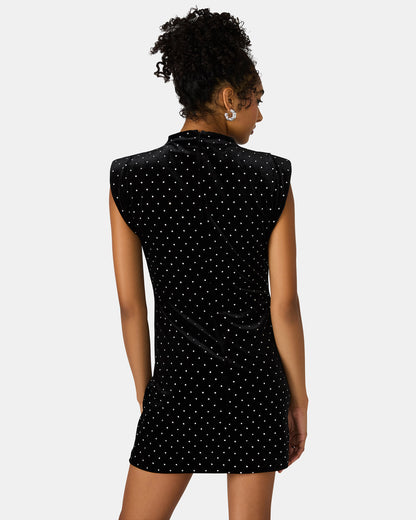 ASTORIA Black Rhinestone Embellished Velvet Shoulder Pads Bodycon Mini Women's Dress - Steve Madden