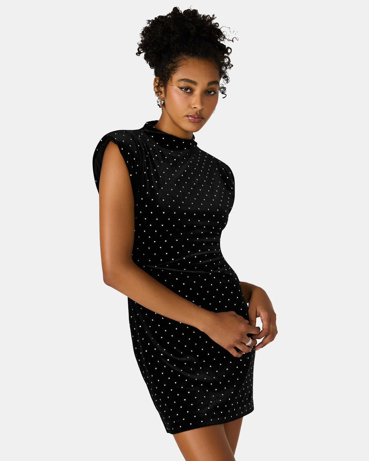 ASTORIA Black Rhinestone Embellished Velvet Shoulder Pads Bodycon Mini Women's Dress - Steve Madden