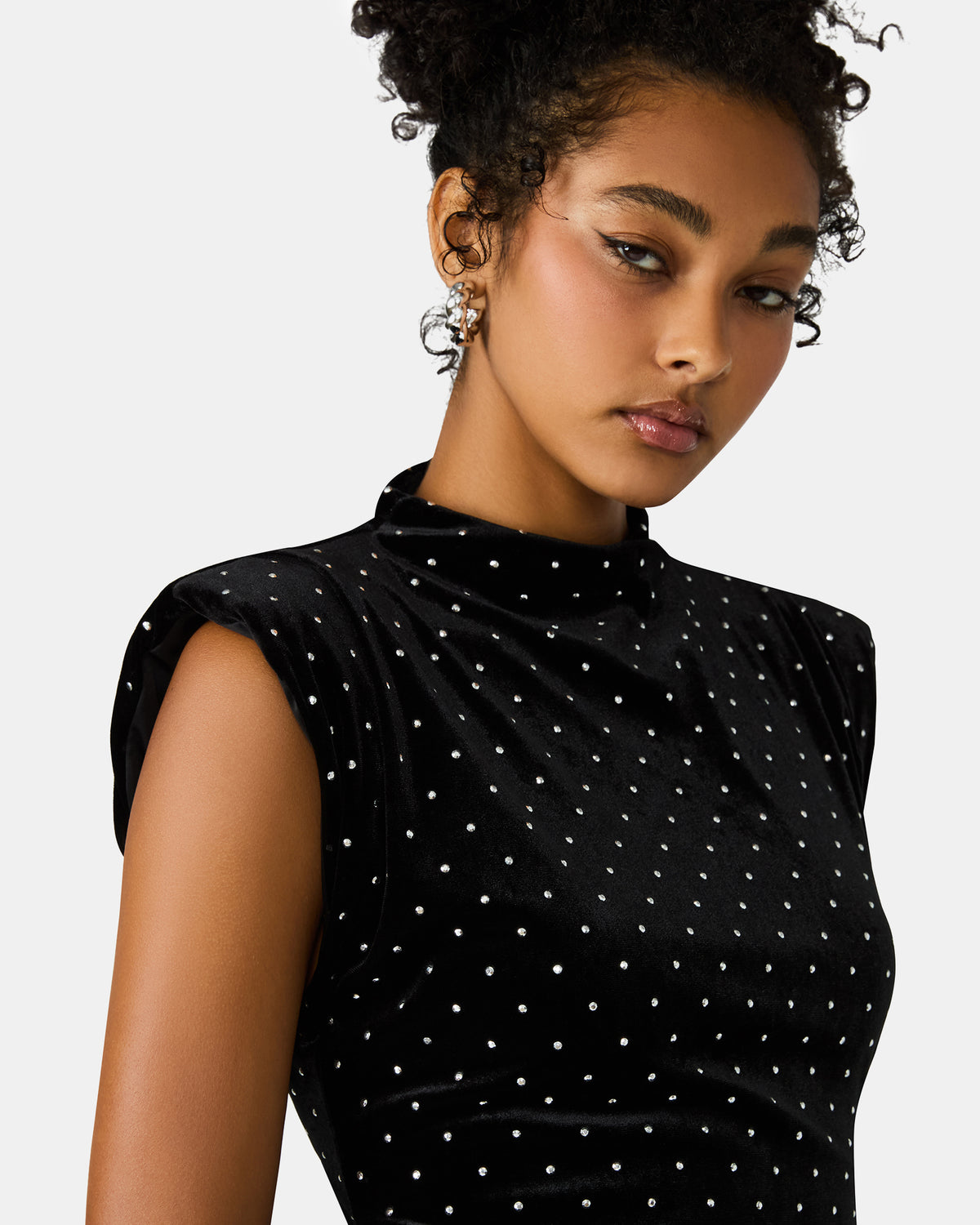 ASTORIA Black Rhinestone Embellished Velvet Shoulder Pads Bodycon Mini Women's Dress - Steve Madden
