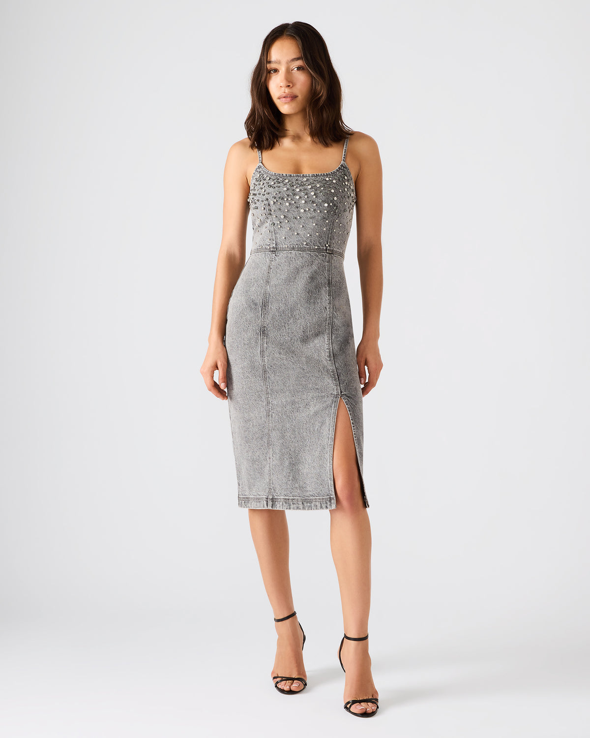 EMBELLISHED GISELLE Fog Denim Midi Women's Dress with Slit - Steve Madden