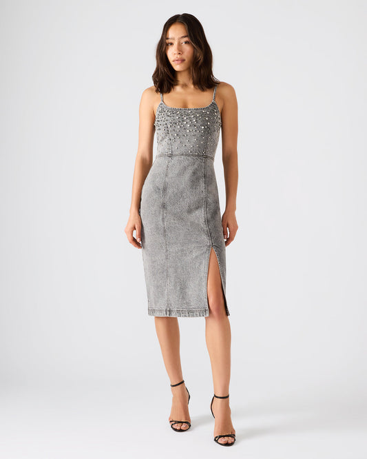 EMBELLISHED GISELLE Fog Denim Midi Women's Dress with Slit - Steve Madden