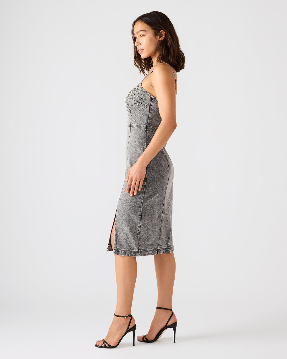 EMBELLISHED GISELLE Fog Denim Midi Women's Dress with Slit - Steve Madden