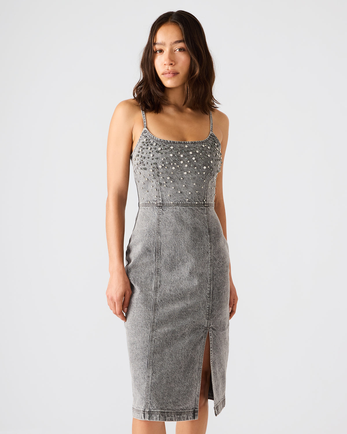 EMBELLISHED GISELLE Fog Denim Midi Women's Dress with Slit - Steve Madden