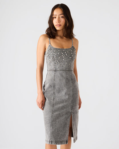 EMBELLISHED GISELLE Fog Denim Midi Women's Dress with Slit - Steve Madden