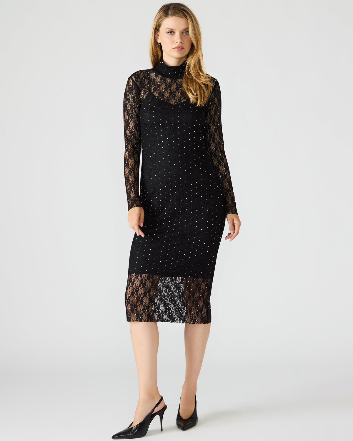 VIVIENNE Black Studded Lace Women's Mock Neck Midi Dress - Steve Madden
