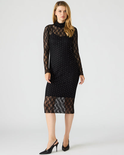 VIVIENNE Black Studded Lace Women's Mock Neck Midi Dress - Steve Madden