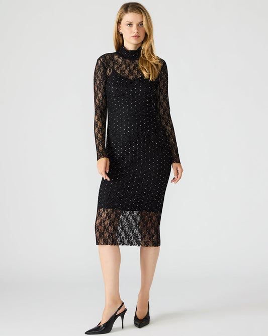 VIVIENNE Black Studded Lace Women's Mock Neck Midi Dress - Steve Madden