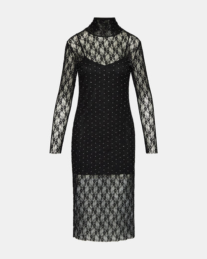 VIVIENNE Black Studded Lace Women's Mock Neck Midi Dress - Steve Madden
