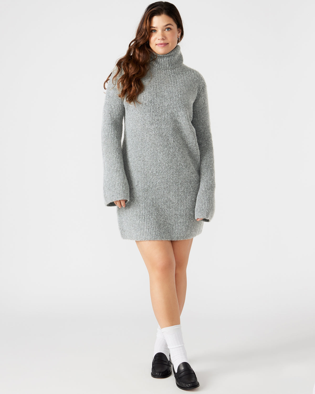 ABBIE Sweater Dress Grey | Mini Turtleneck Flared Sleeve Dress - Steve Madden