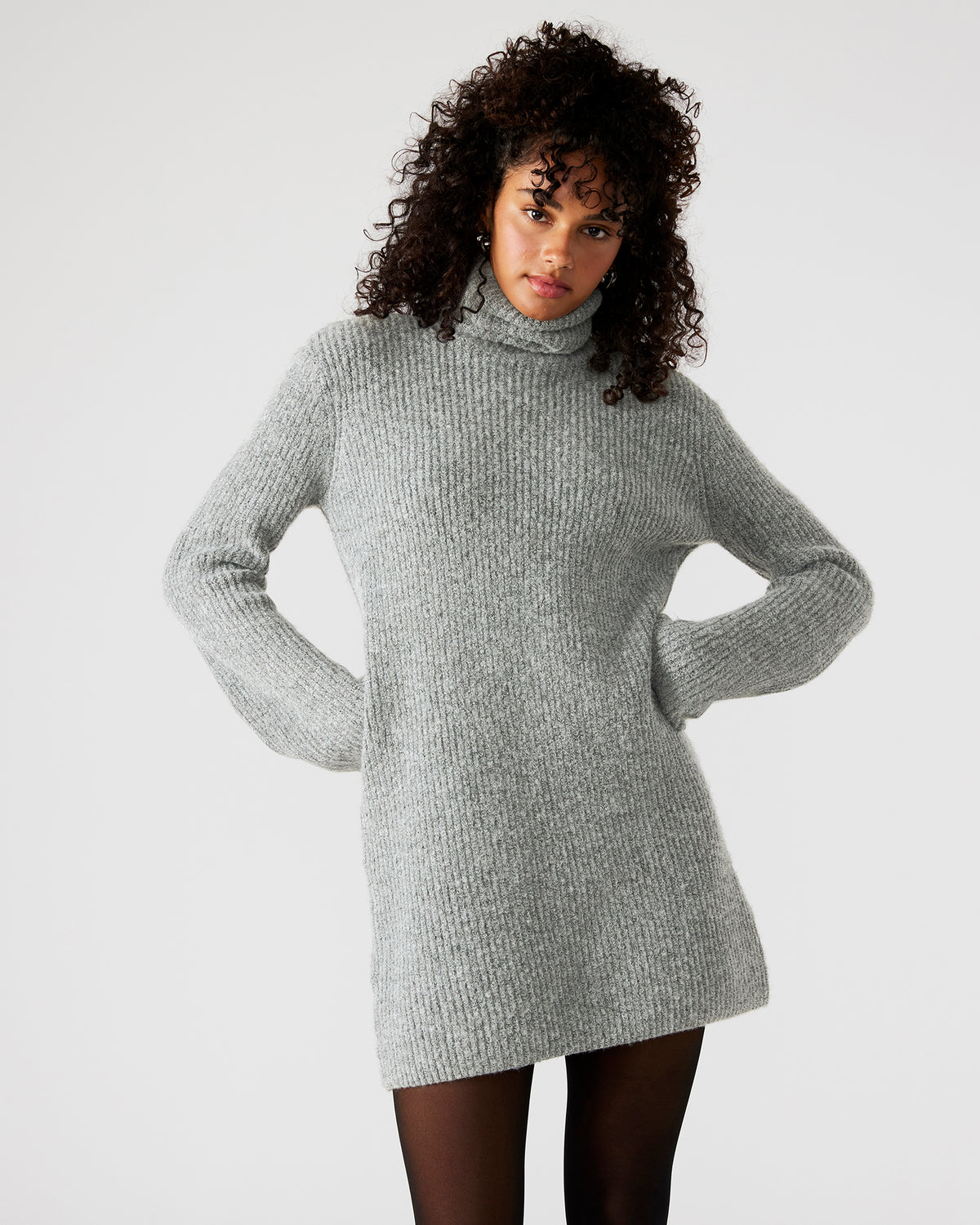 ABBIE Sweater Dress Grey | Mini Turtleneck Flared Sleeve Dress - Steve Madden