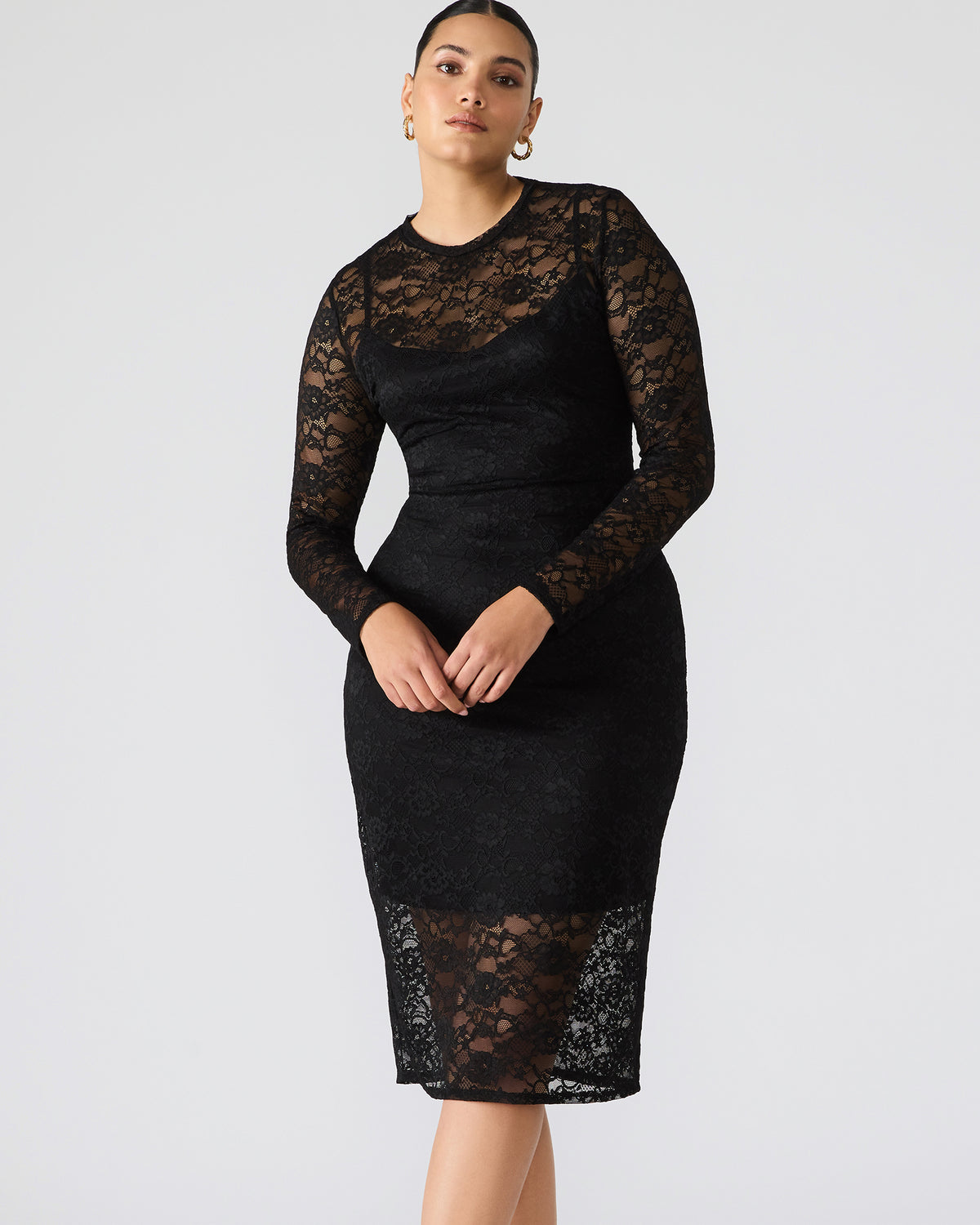HAILEE Lace Black Long-Sleeved Mesh Pull-On Mock Neck Midi Women's Dress - Steve Madden