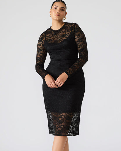 HAILEE Lace Black Long-Sleeved Mesh Pull-On Mock Neck Midi Women's Dress - Steve Madden