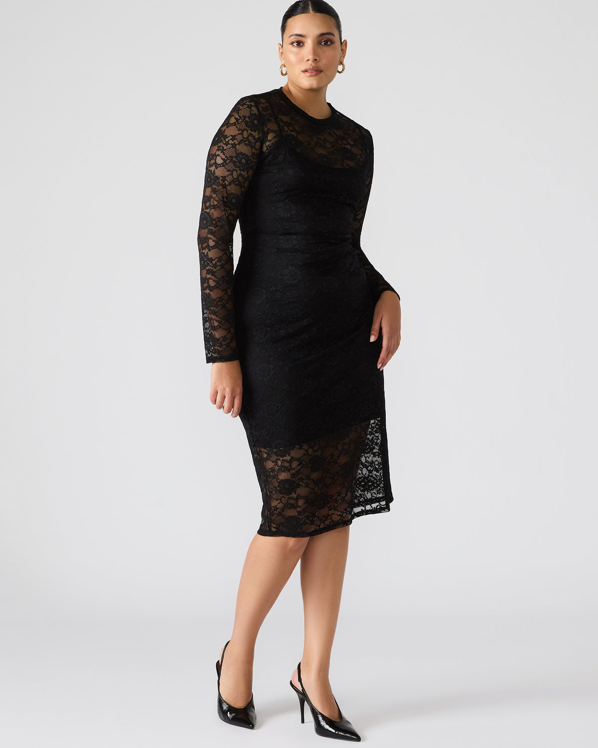HAILEE Lace Black Long-Sleeved Mesh Pull-On Mock Neck Midi Women's Dress - Steve Madden