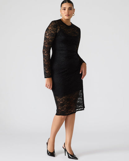 HAILEE Lace Black Long-Sleeved Mesh Pull-On Mock Neck Midi Women's Dress - Steve Madden