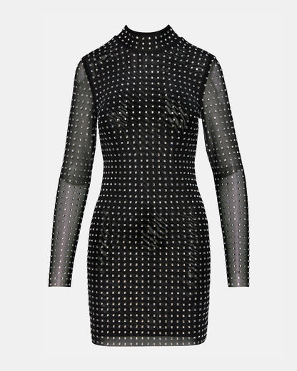 KRISTA Black Women's Long-Sleeved Bodycon Rhinestone Mini Dress - Steve Madden