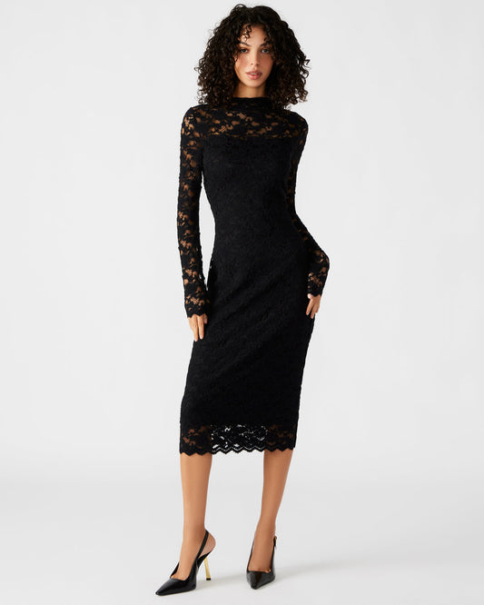 VIVIENNE Black Lace Women's Mock Neck Midi Dress - Steve Madden