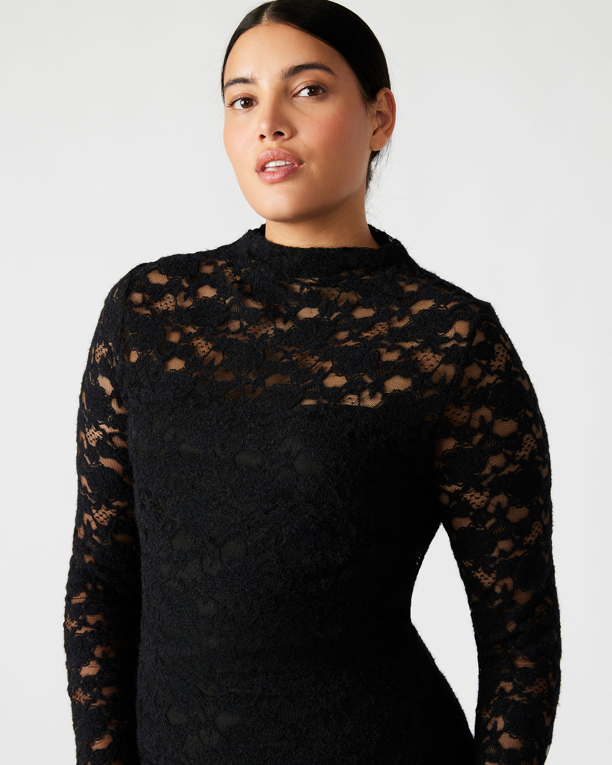 VIVIENNE Black Lace Women's Mock Neck Midi Dress - Steve Madden
