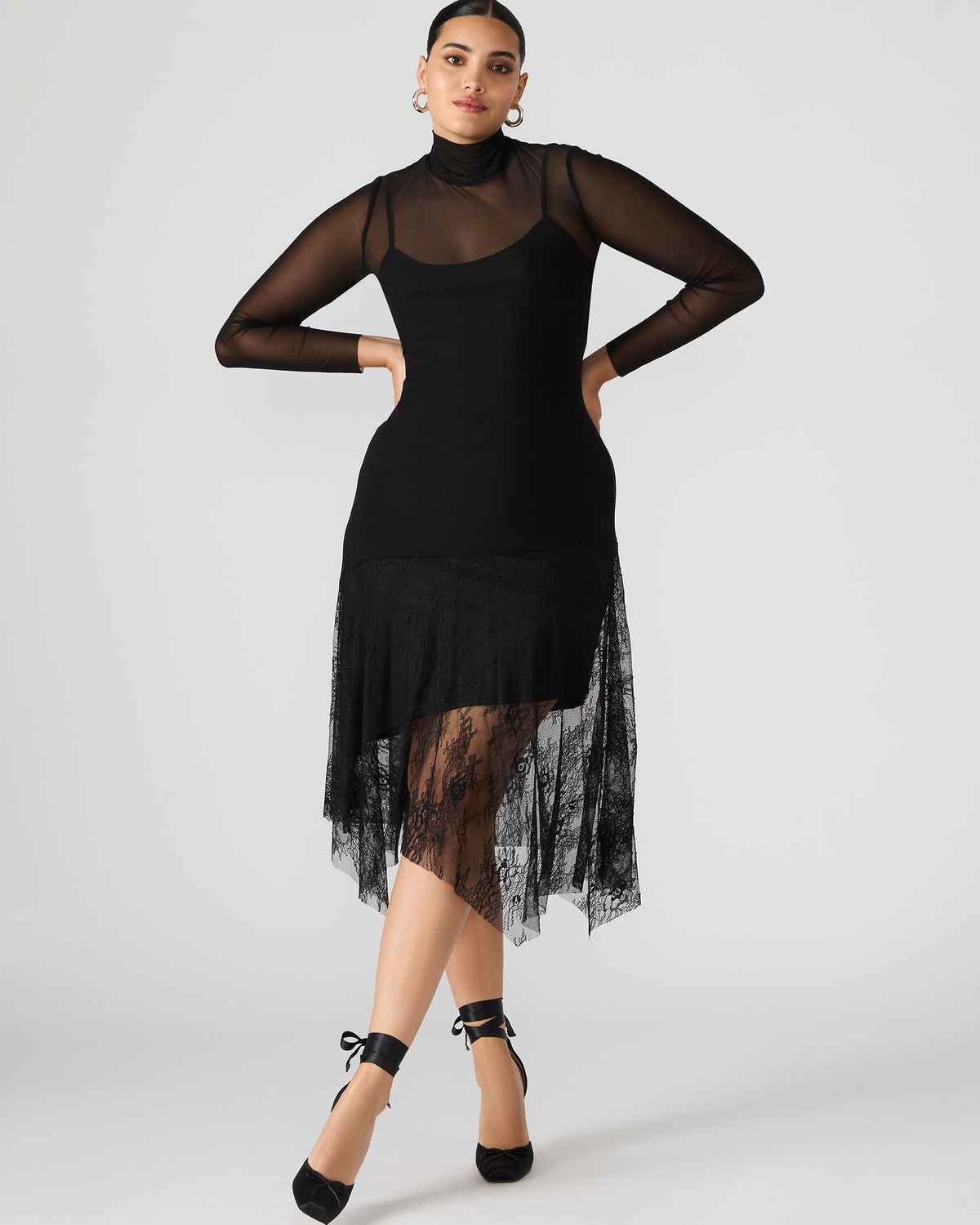 SILAS Black Long-Sleeved Mesh Lace Overylay Flowy Women's Dress - Steve Madden