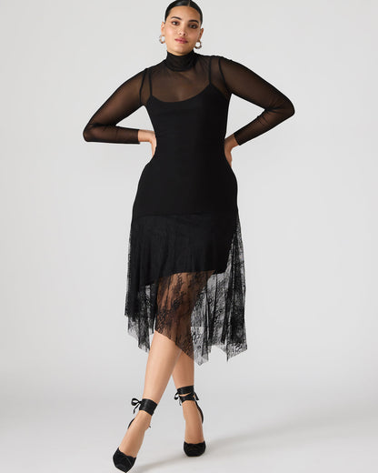 SILAS Black Long-Sleeved Mesh Lace Overylay Flowy Women's Dress - Steve Madden
