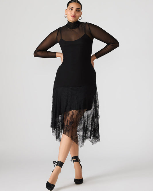 SILAS Black Long-Sleeved Mesh Lace Overylay Flowy Women's Dress - Steve Madden
