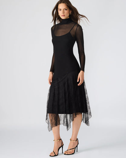 SILAS Black Long-Sleeved Mesh Lace Overylay Flowy Women's Dress - Steve Madden