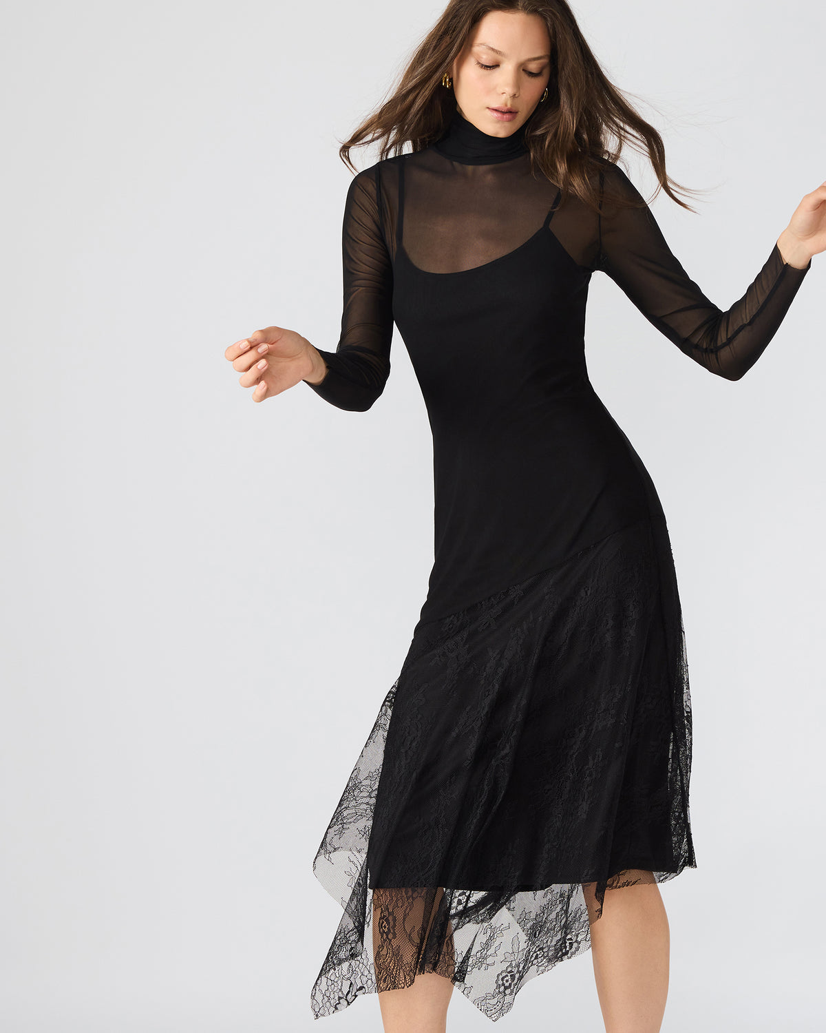 SILAS Black Long-Sleeved Mesh Lace Overylay Flowy Women's Dress - Steve Madden