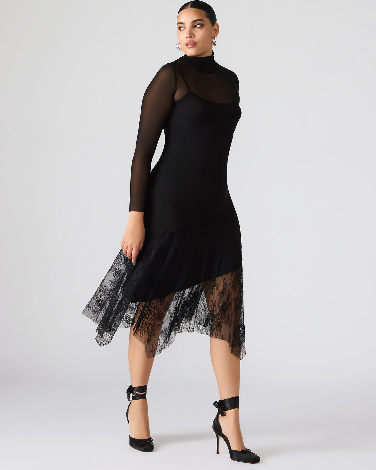 SILAS Black Long-Sleeved Mesh Lace Overylay Flowy Women's Dress - Steve Madden