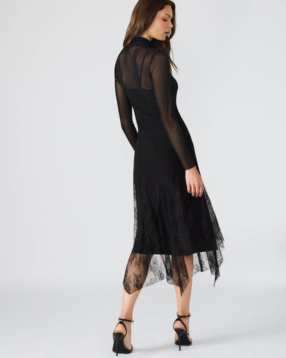 SILAS Black Long-Sleeved Mesh Lace Overylay Flowy Women's Dress - Steve Madden