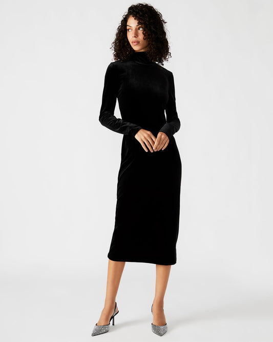 SKYLER Dress Black | Women's Long-Sleeved Turtleneck Velvet Dress - Steve Madden