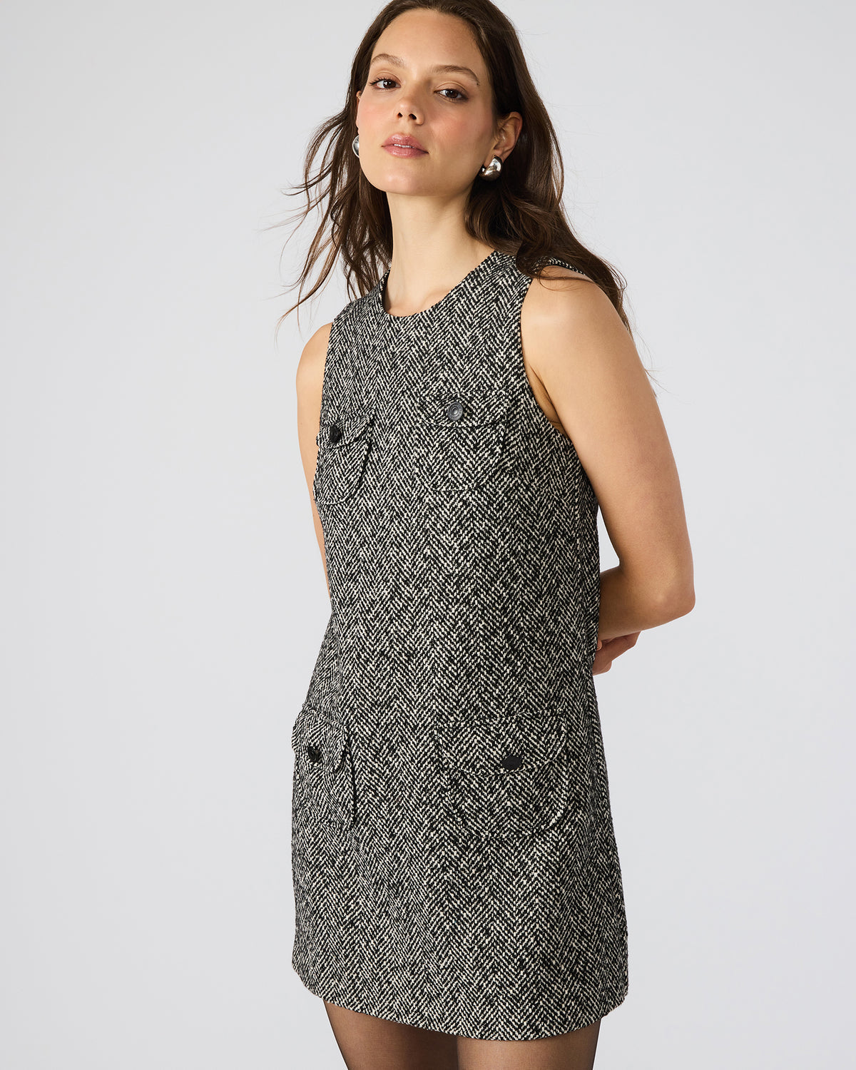 LOUIE Black/White Sleeveless Tweed Mini Women's Dress - Steve Madden