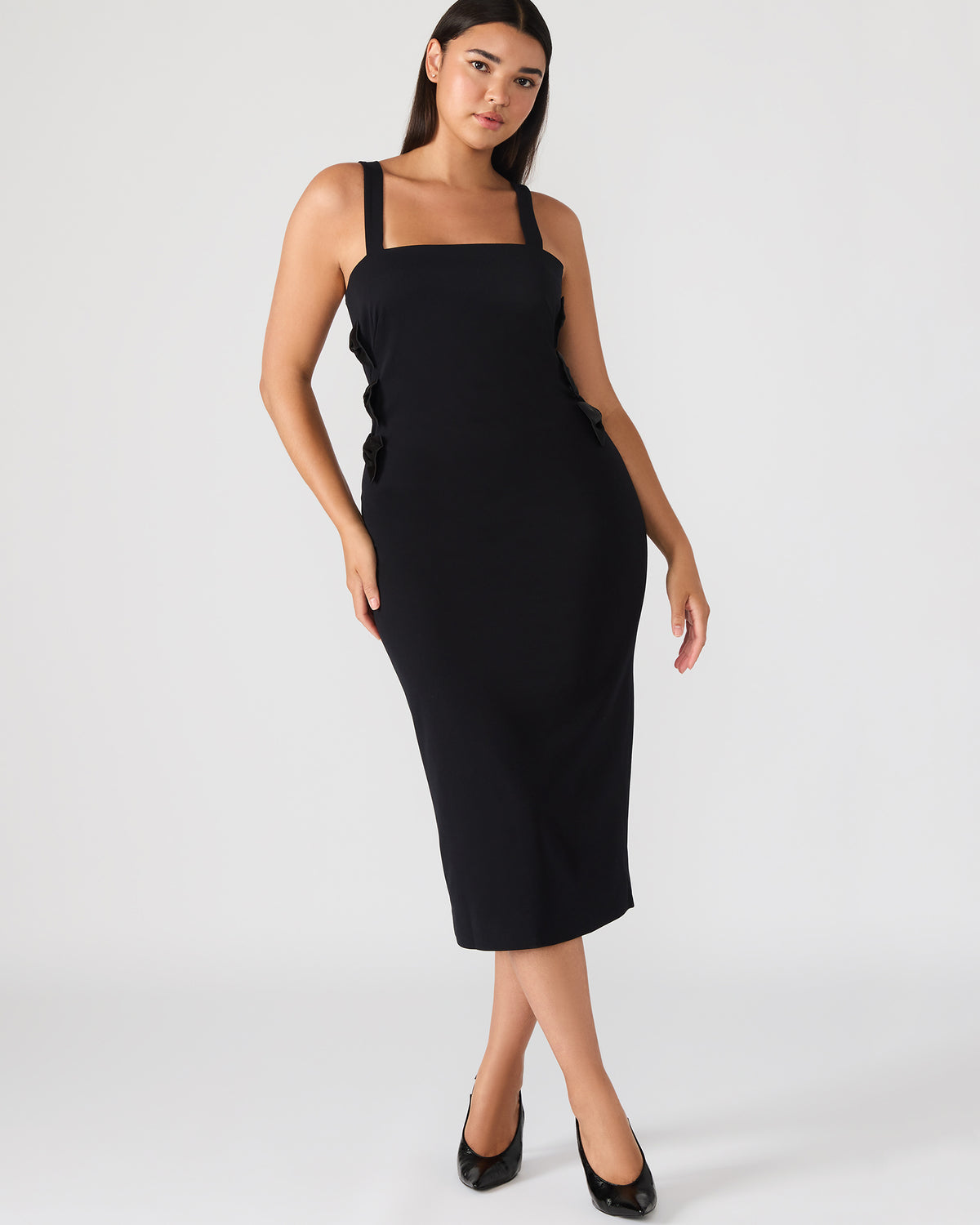 RENE Black Form-Fitting Bow Women's Midi Dress - Steve Madden