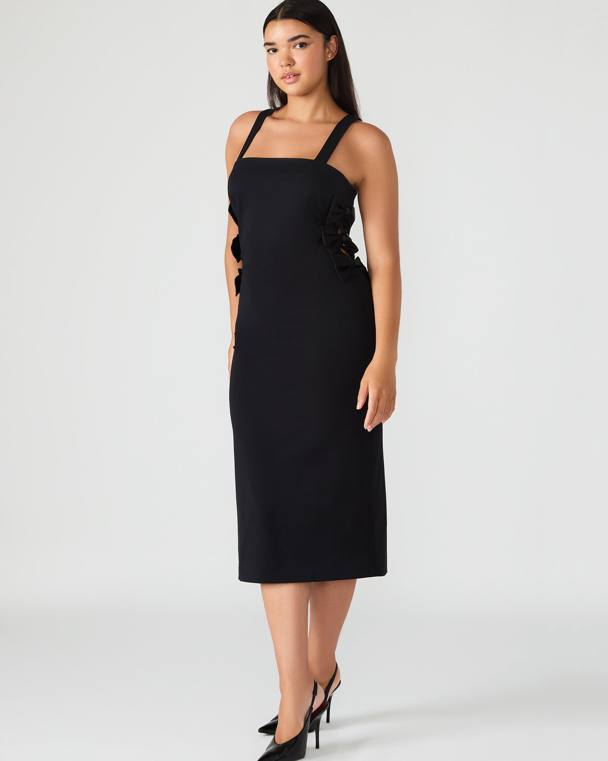 RENE Black Form-Fitting Bow Women's Midi Dress - Steve Madden