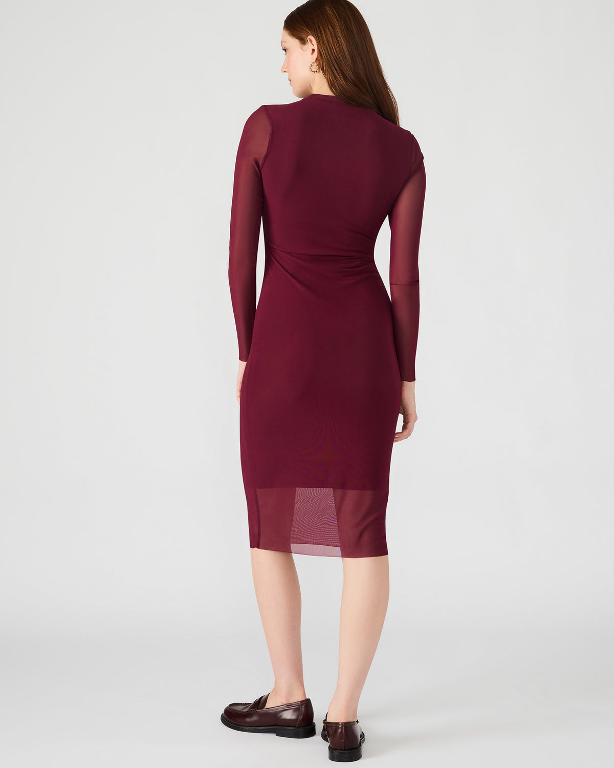 HAILEE Wine Long-Sleeved Mesh Pull-On Mock Neck Midi Women's Dress - Steve Madden