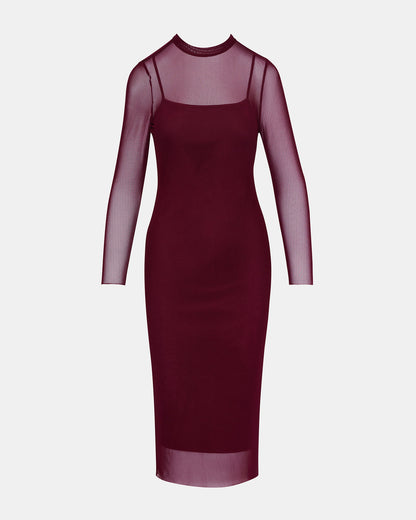 HAILEE Wine Long-Sleeved Mesh Pull-On Mock Neck Midi Women's Dress - Steve Madden