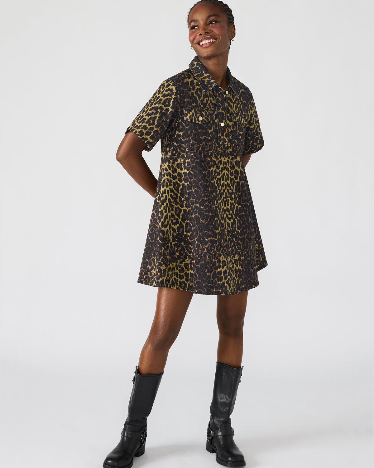 FREDDY Hot Spots Print Short-Sleeved Denim Button-Up Mini Women's Dress - Steve Madden